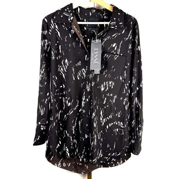 NWT Lyssé Nylon Blend Long Sleeve Designer Top Sz L Black and White Design - Picture 1 of 13